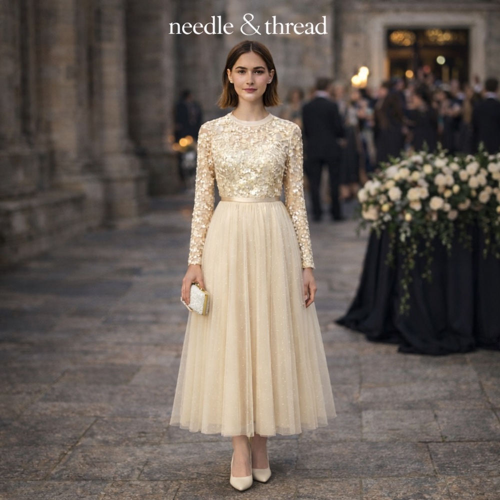 NWT Needle & Thread Beaded Tempest Bodice Ballerina Dress Champagne Tulle,Size 4